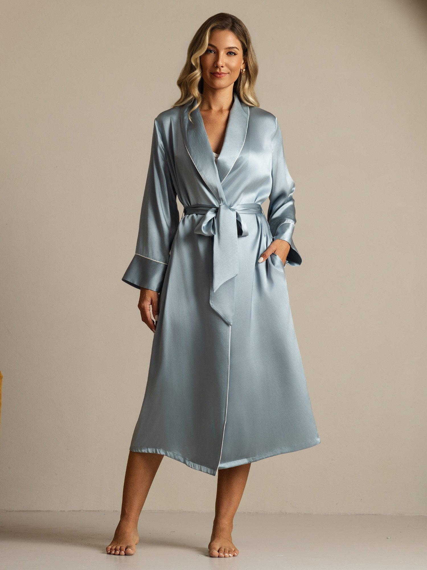 Pure Silk Belted Women's Long Lapel Robe with Pocket Design