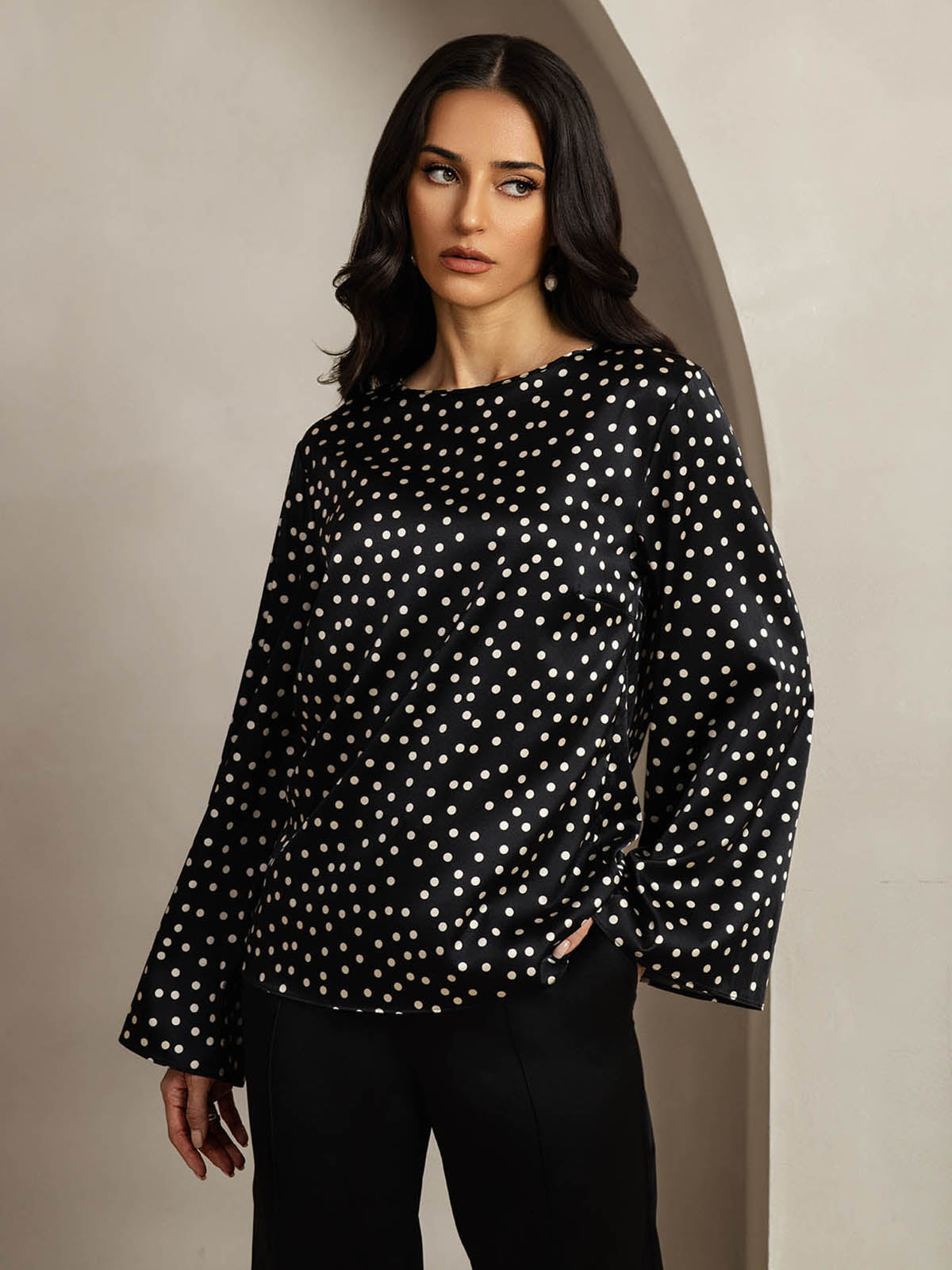 19Momme Women's Silk Polka Dot Print Bell Sleeve Boat Neck Top