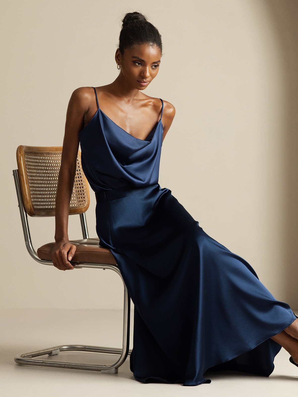 19Momme Silk Cowl Neck Spaghetti Strap Camisole Top & A Line Maxi Skirt