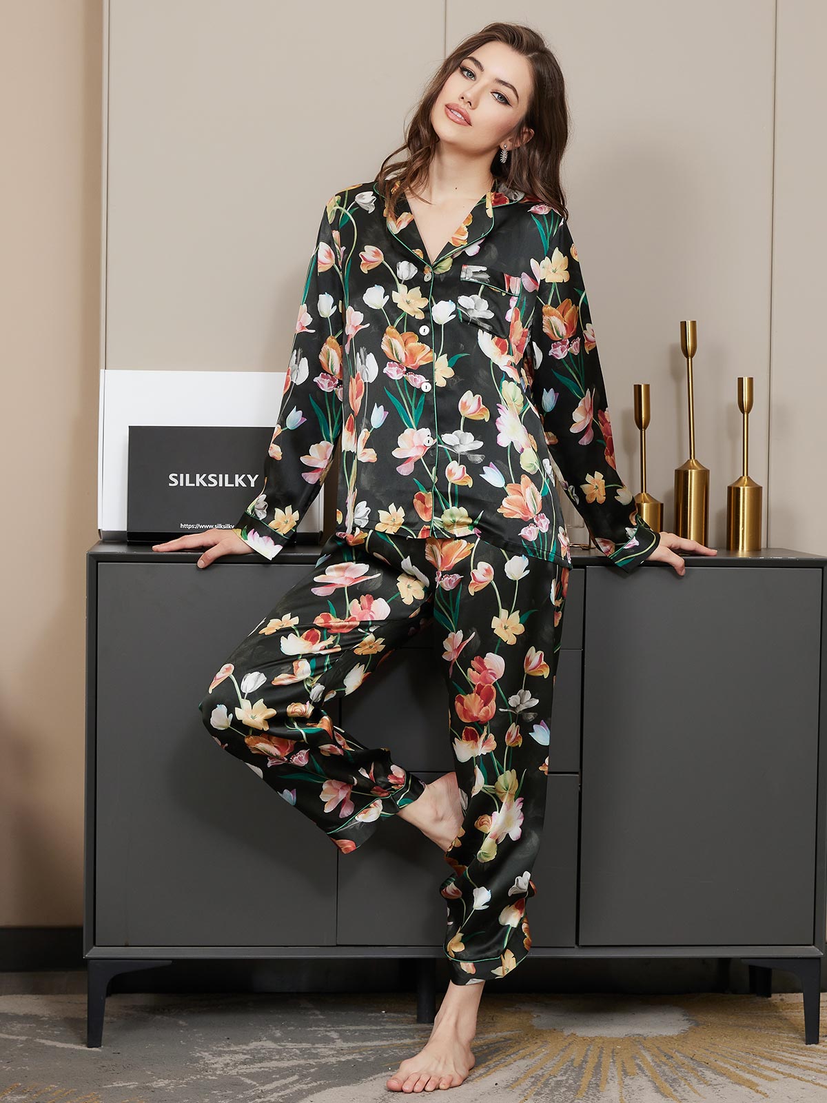 Clearance(US Warehouse) - Pure Silk Floral Pattern Womens Pajama Set