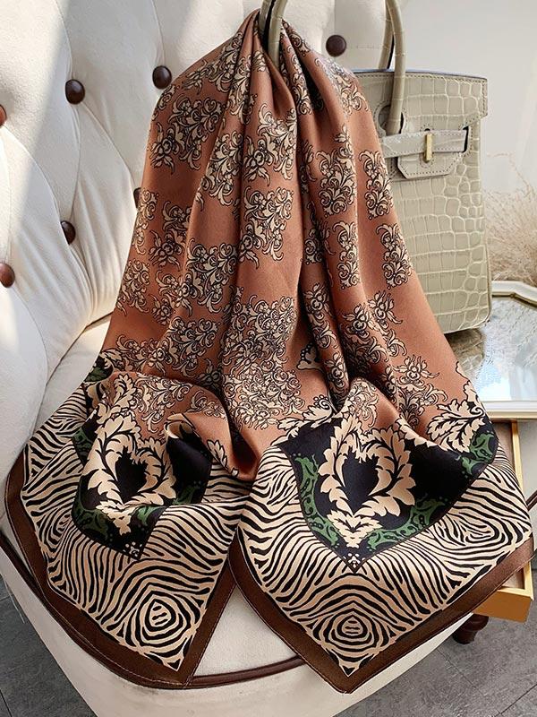 Brown Floral Silk Square Scarf 88x88cm