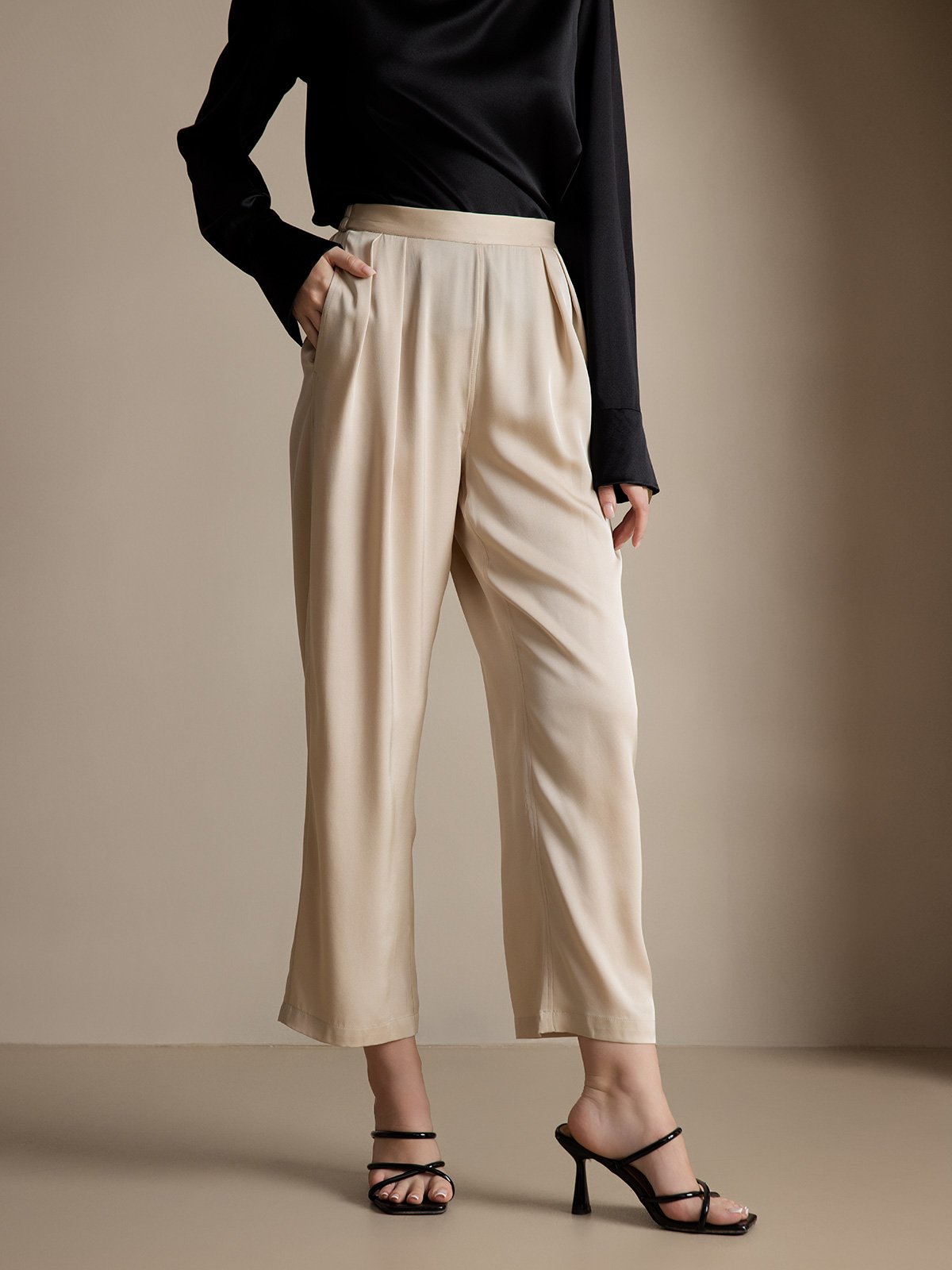 Clearance(US Warehouse) - Women's 22Momme Silk High Waist Wide Leg Tapered Pleated Cropped Pants