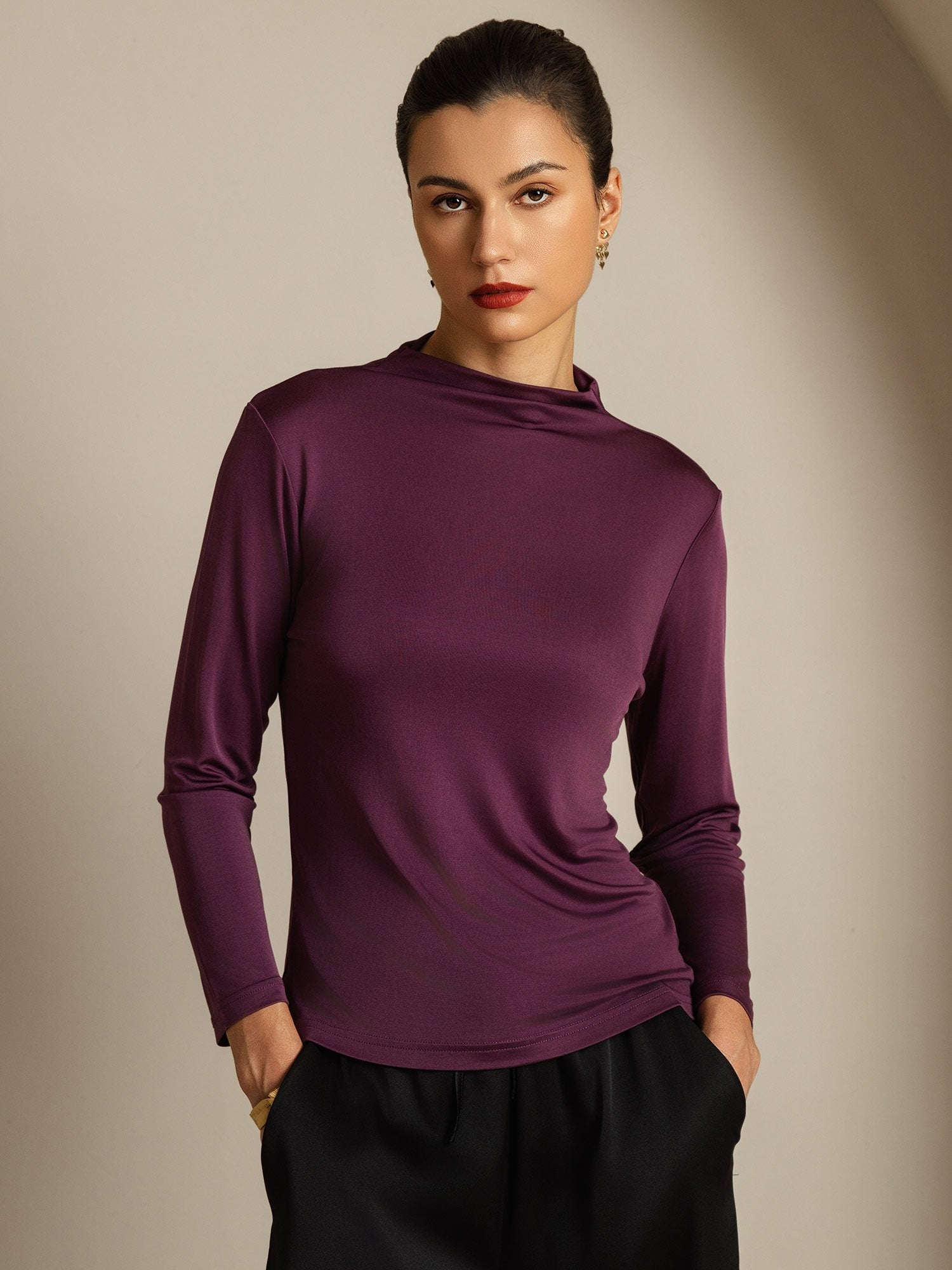 Women's Pure Silk Long Sleeve Mock Top